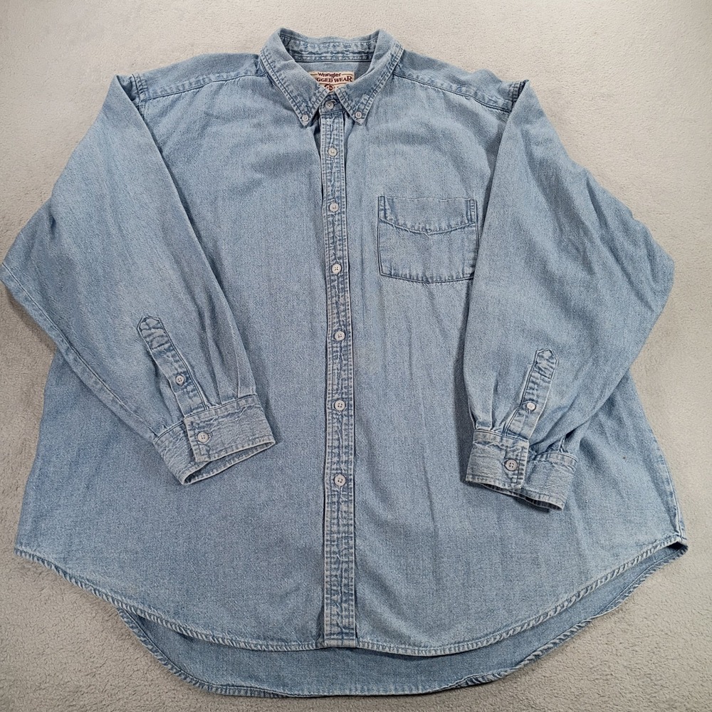 Wrangler Mens Rugged Wear Denim Shirt Blue XXL Button Down Cotton